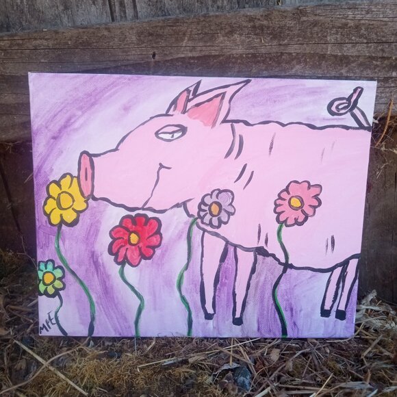 Pig In Flowers Folk Art Painting - Picture 9 of 15